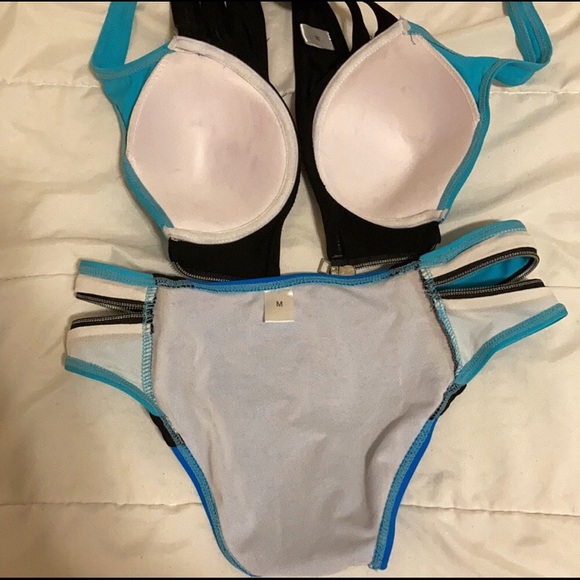 Blue Teal Colorblock Zipper bikini - Picture 8 of 8